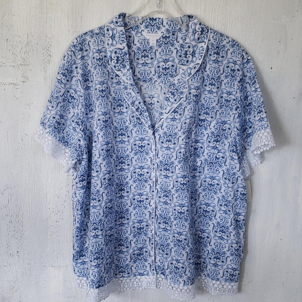 Charter Club Blue and White Short Sleeve Cotton Pajama Top